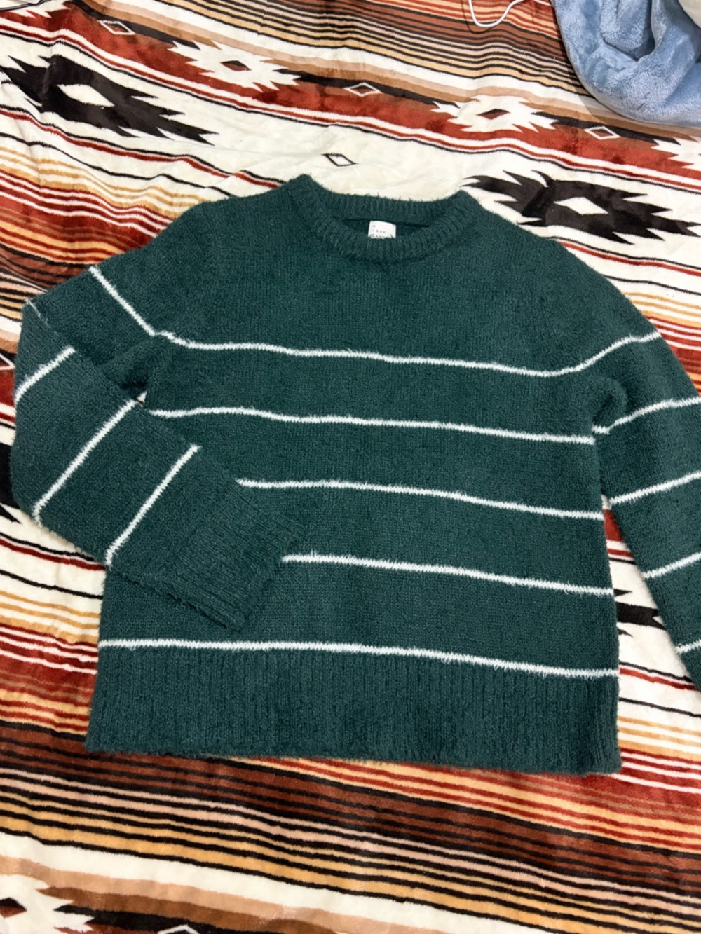 Green and White Striped Crewneck Sweater worn once like new soft and comfy